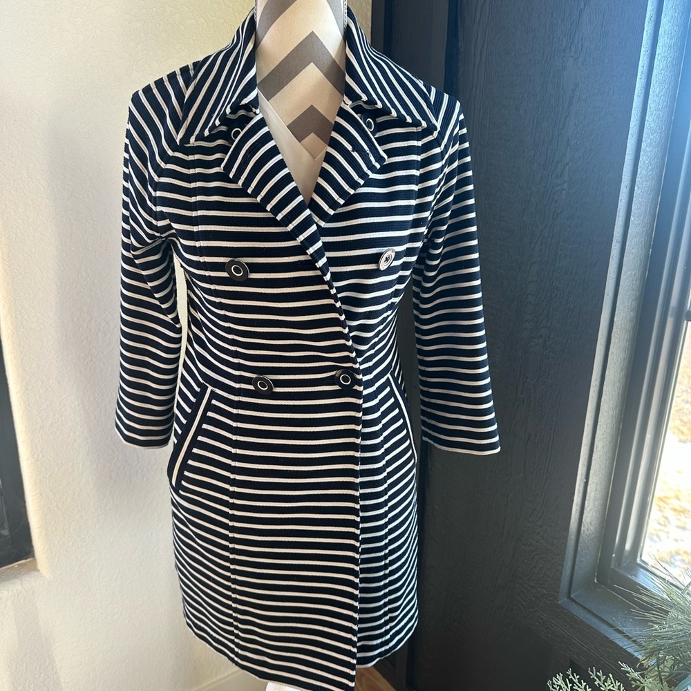 Cabi Small Maritime Trench Coat Navy White Ribbed Striped Rayon Blend Coat - Picture 4 of 8